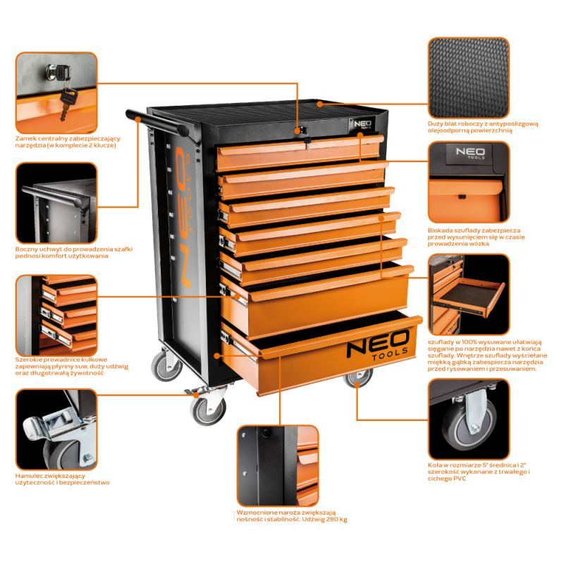neo tool trolley 7 drawers central lock