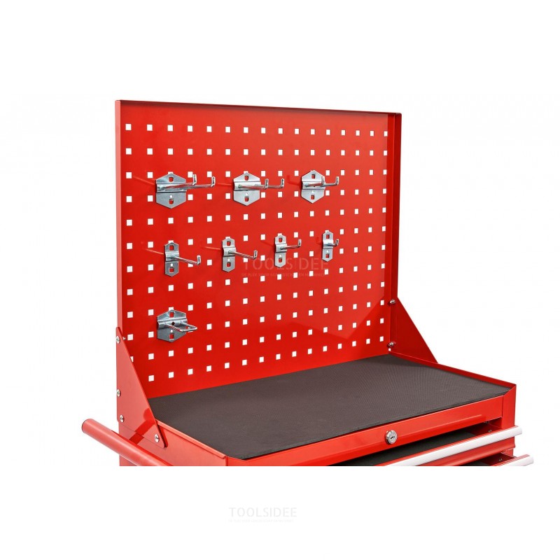 HBM 7 vetolaatikon työkalukärry työkaluseinällä ja 8 koukulla - punainen