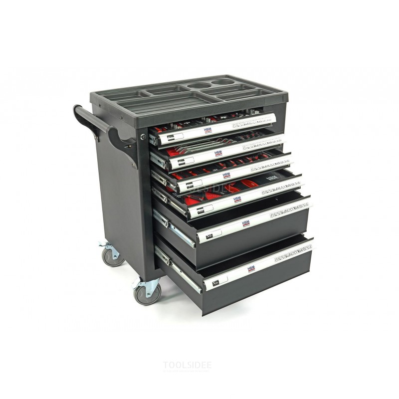 HBM 154 Piece Premium Filled Tool Trolley With Door and Carbon Inlays - BLACK