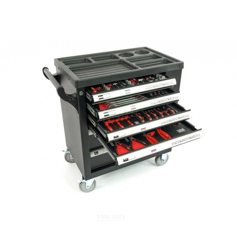 HBM 154 Piece Premium Filled Tool Trolley With Door and Carbon Inlays - BLACK