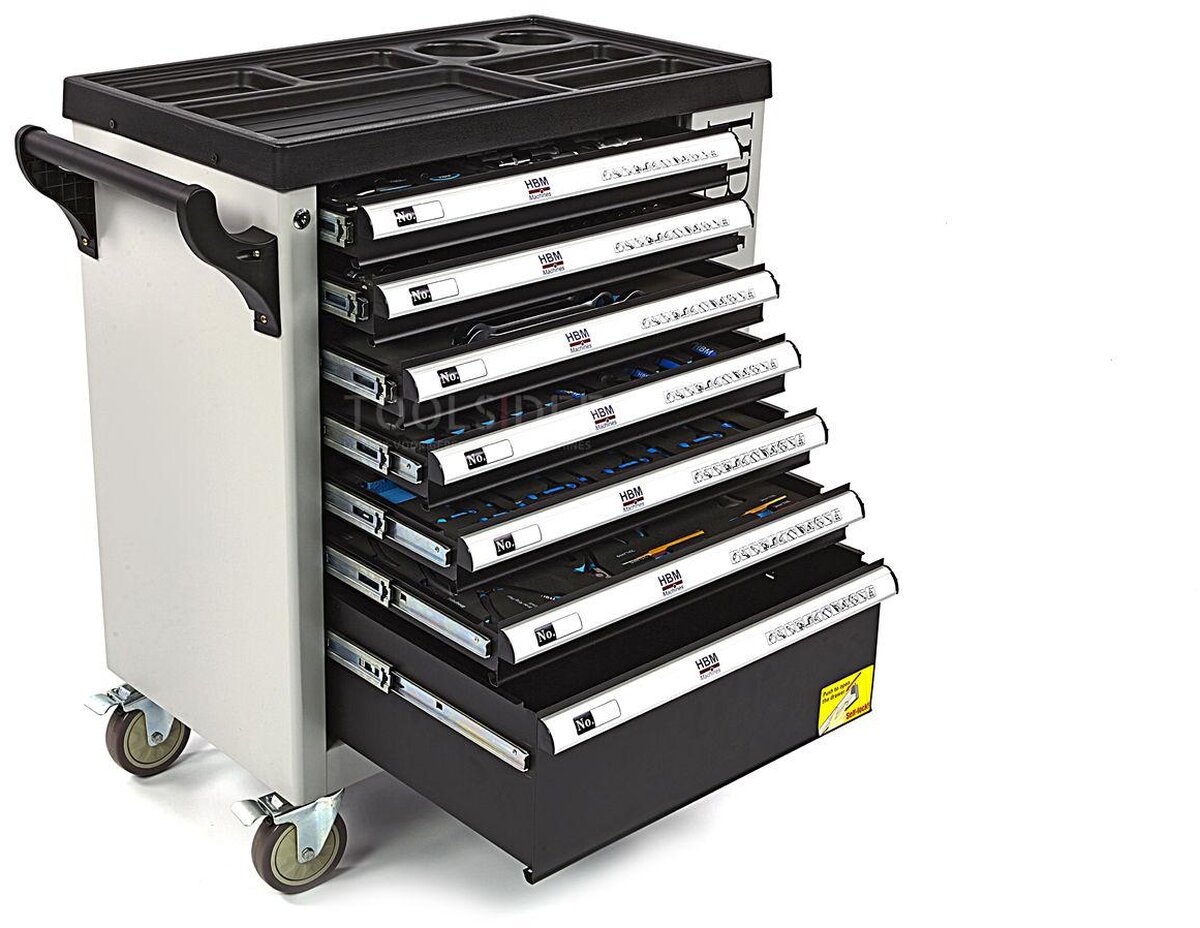 HBM 245 Piece Premium Filled Tool Trolley With Door and Carbon Inlays HBM 245 Piece Premium Filled Tool Trolley With Door and Carbon Inlays
