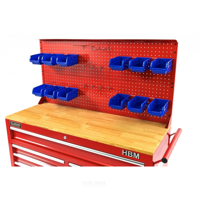 HBM bakvegg med 12 skuffer og 12 kroker til HBM 117 Cm Mobile Tool Trolley RED