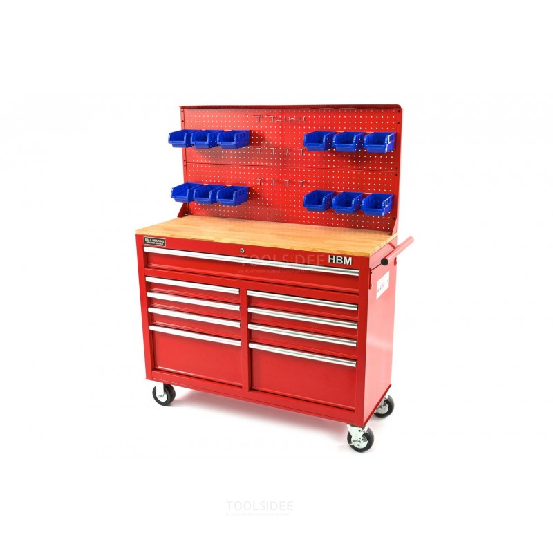 HBM back wall with 12 trays and 12 hooks for the HBM 117 cm mobile tool trolley red