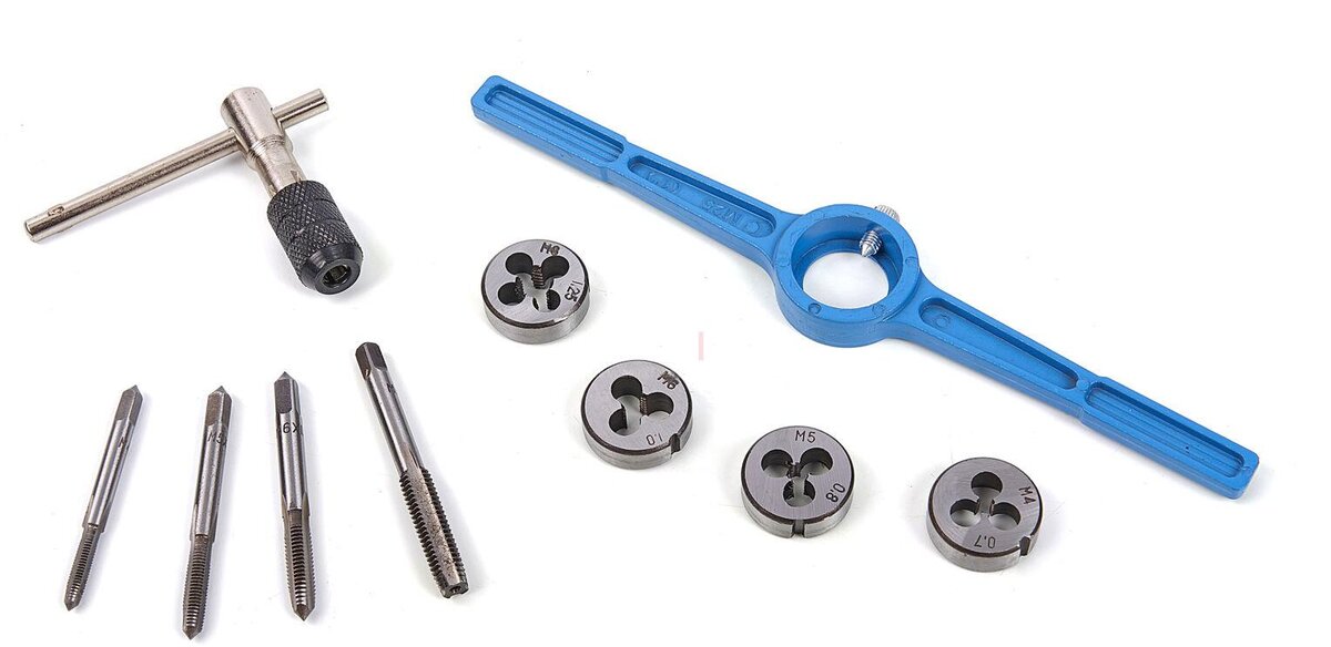 HBM 10-piece tap set with cutting plates, tapping iron and tap handle