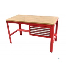 HBM 155 cm Professional Workbench with 5 Drawers and Wooden Worktop, RED
