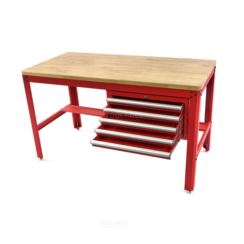 HBM 155 cm Professional Workbench with 5 Drawers and Wooden Worktop, RED