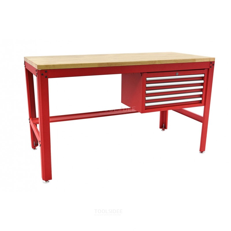 HBM 155 cm Professional Workbench with 5 Drawers and Wooden Worktop, RED