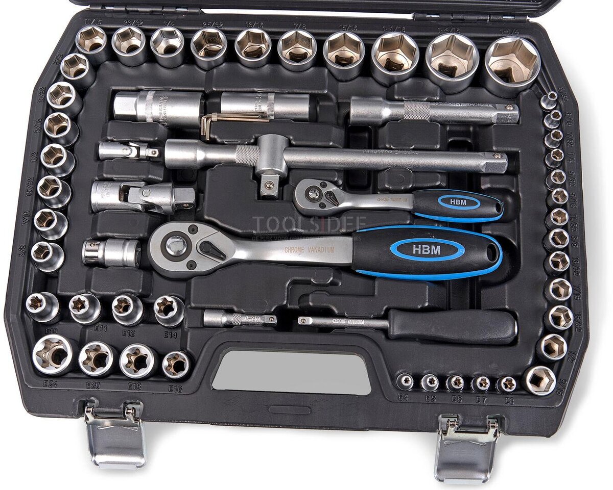 HBM 108-osainen ammattimainen pistorasiasarja TUUMAA koot