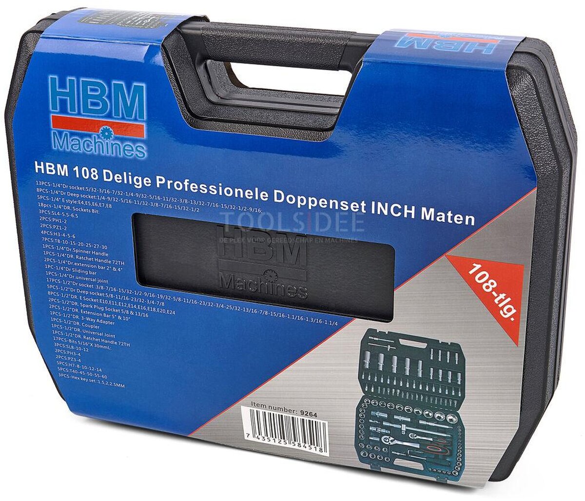 HBM 108-osainen ammattimainen pistorasiasarja TUUMAA koot