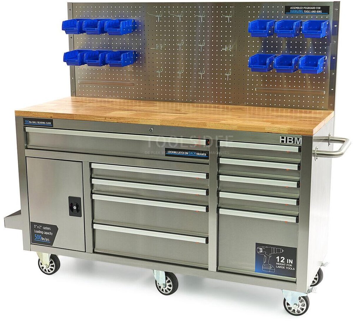 HBM 158 cm 10 Laden Werkbank met Deur en Achterwand - RVS