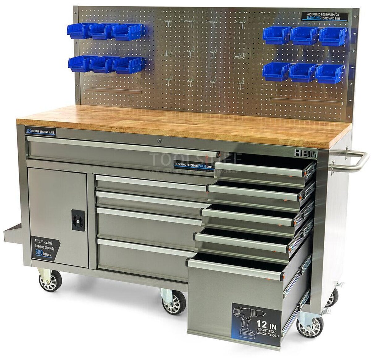 HBM 158 cm 10 Laden Werkbank met Deur en Achterwand - RVS