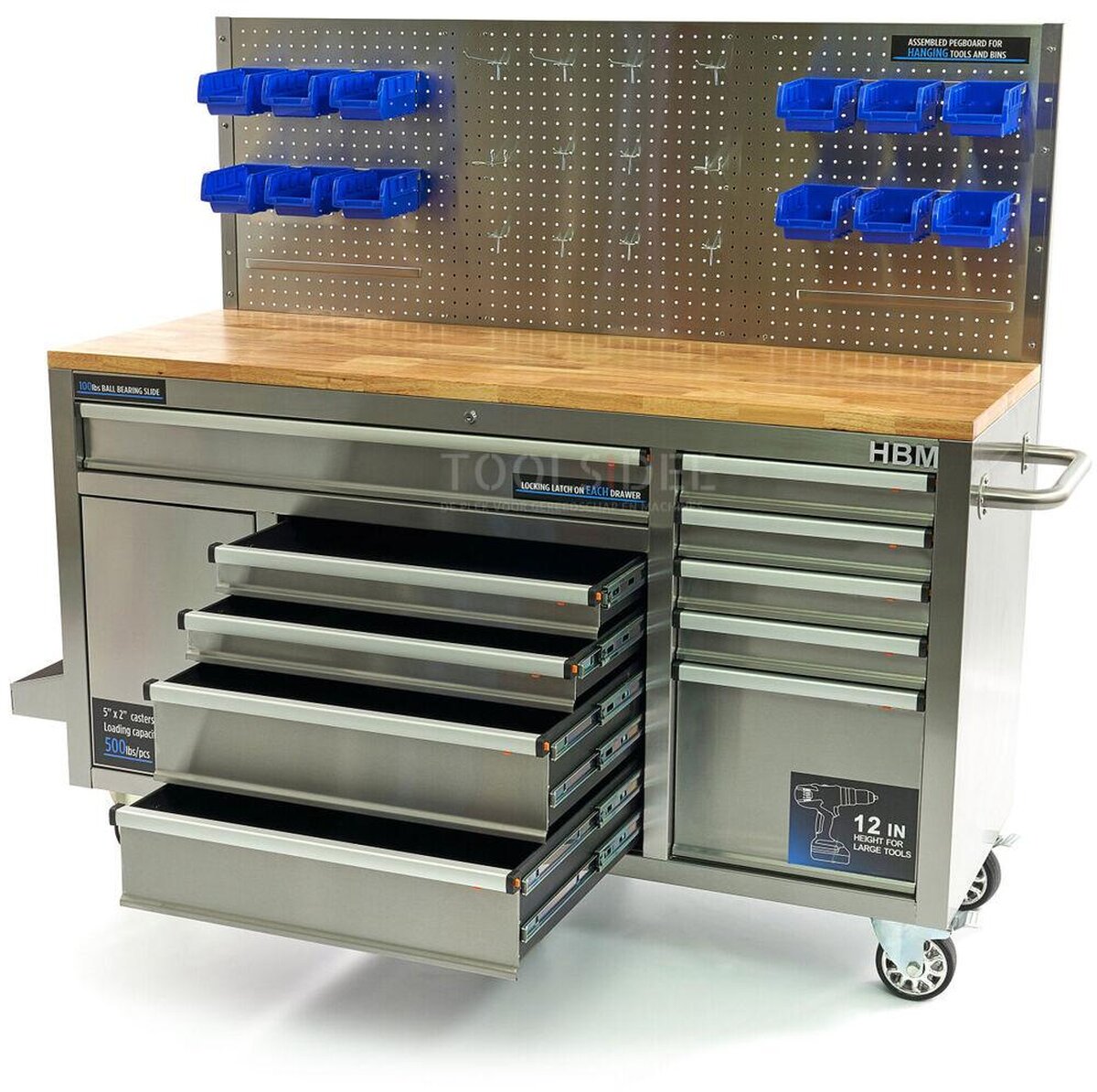 HBM 158 cm 10 Laden Werkbank met Deur en Achterwand - RVS