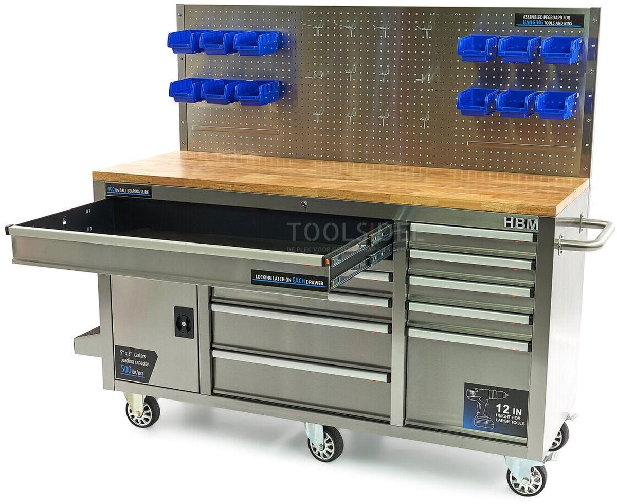 HBM 158 cm 10 Laden Werkbank met Deur en Achterwand - RVS