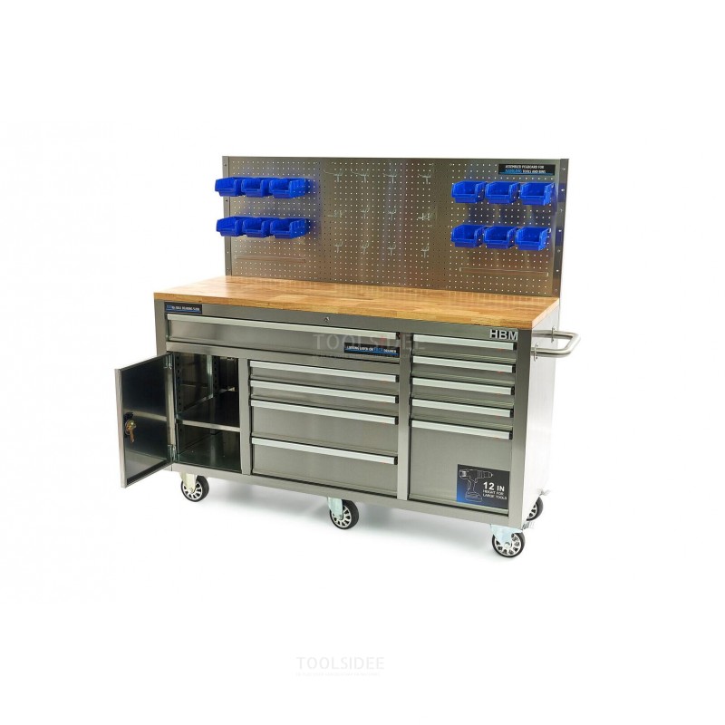 HBM 158 cm 10 Drawers Workbench with Door and Back Wall - Stainless Steel