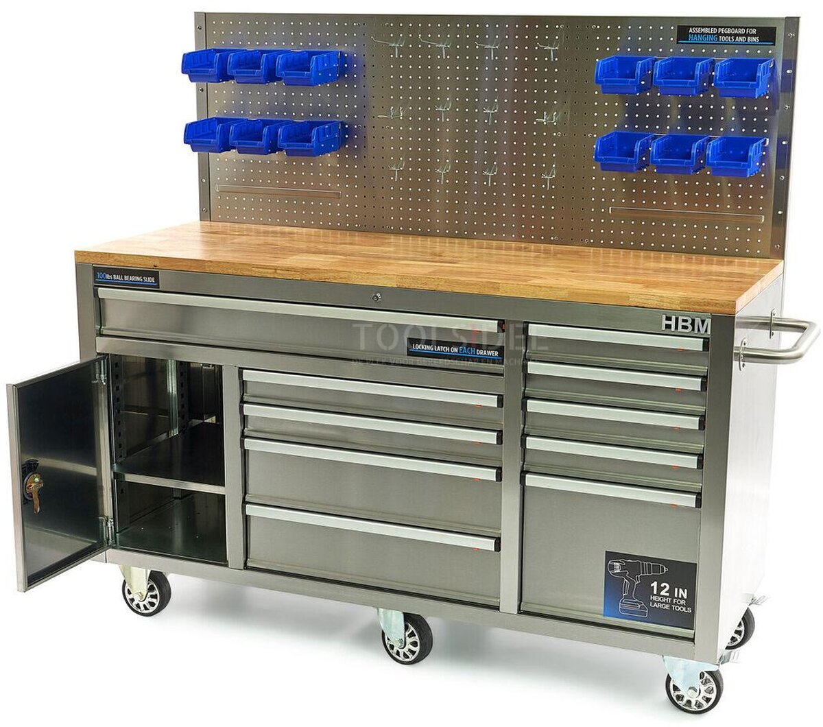 HBM 158 cm 10 Laden Werkbank met Deur en Achterwand - RVS