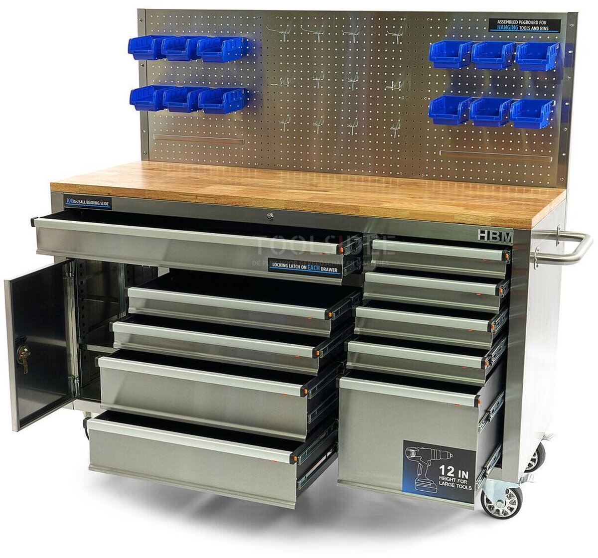 HBM 158 cm 10 Laden Werkbank met Deur en Achterwand - RVS