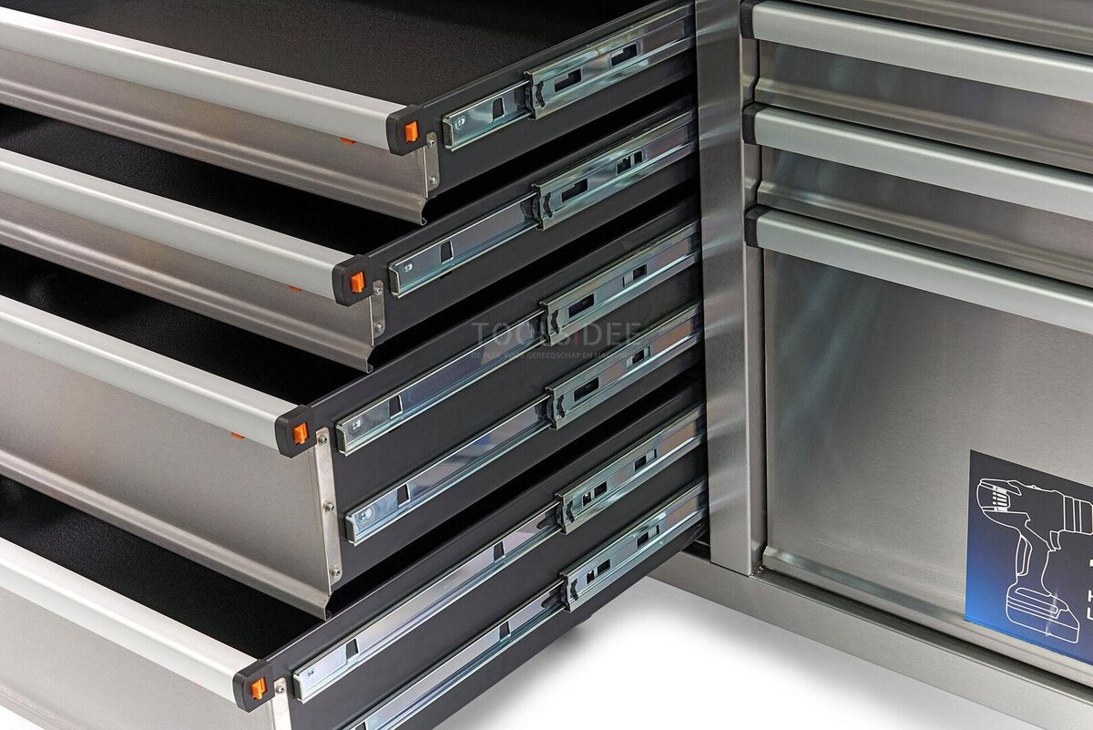 HBM 158 cm 10 Laden Werkbank met Deur en Achterwand - RVS