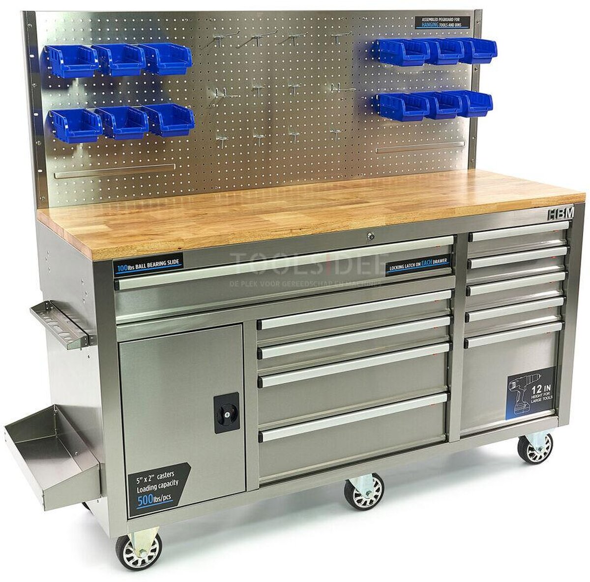 HBM 158 cm 10 Laden Werkbank met Deur en Achterwand - RVS