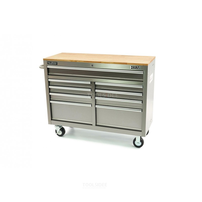 HBM 117 cm Mobile Tool Trolley, Workbench with Wooden Worktop - Stainless Steel