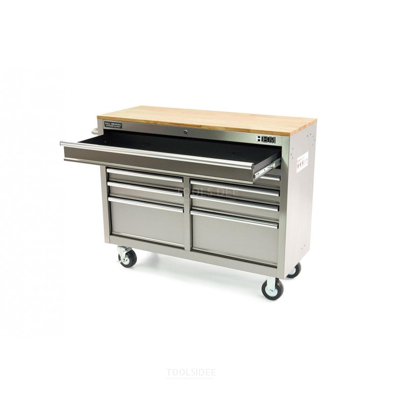 HBM 117 cm Mobile Tool Trolley, Workbench with Wooden Worktop - Stainless Steel