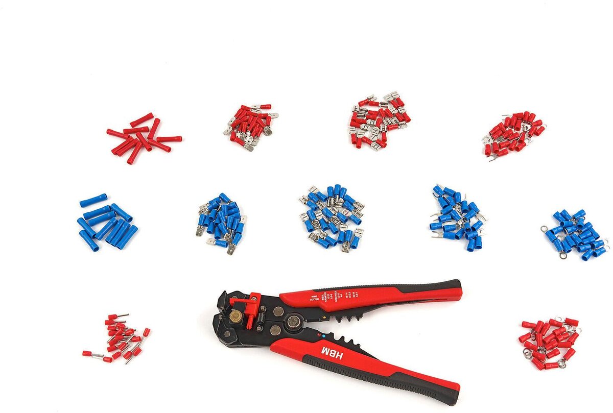 Hbm 199-stykke profi 4 i 1 automatisk trådstribningsværktøj med skære- og krympefunktion inklusive 199 kabelsko