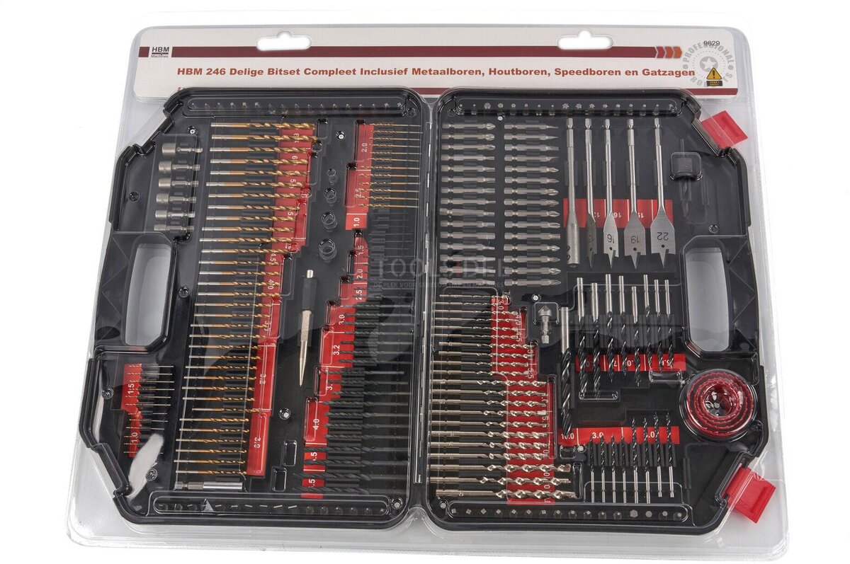 HBM 246 stykke bitsett komplett inkludert metallbor, trebor, hastighetsbor og hullsager