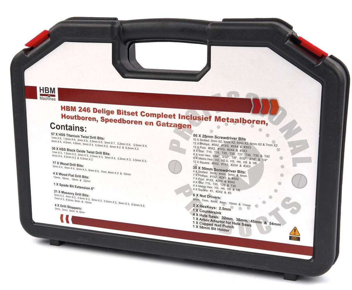 HBM 246 stykke bitsett komplett inkludert metallbor, trebor, hastighetsbor og hullsager