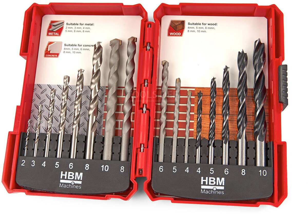 HBM 16 Piece, Muron Drills, Wood Spiral Drills and Metal Drill Bit Set HBM 16 Piece, Muron Drills, Wood Spiral Drills and Metal Drill Bit Set