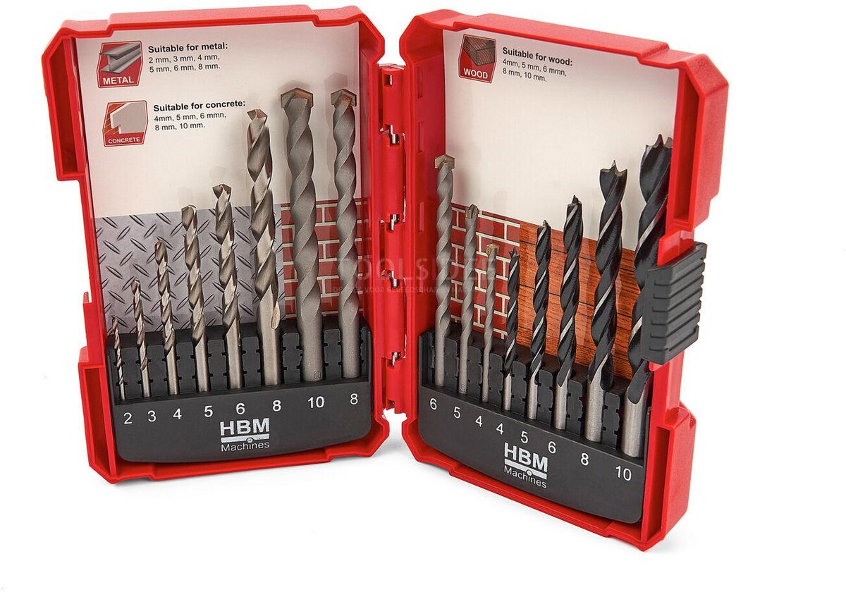 HBM 16 Piece, Muron Drills, Wood Spiral Drills and Metal Drill Bit Set HBM 16 Piece, Muron Drills, Wood Spiral Drills and Metal Drill Bit Set