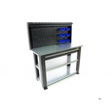 HBM Professional 137 cm 3-Ebenen-Werkbank aus Stahl mit Schublade und Rückwand
