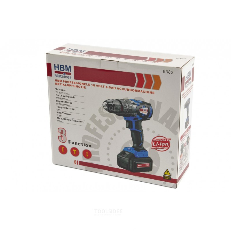 HBM professional 18 volt 4.0ah cordless drill with impact function