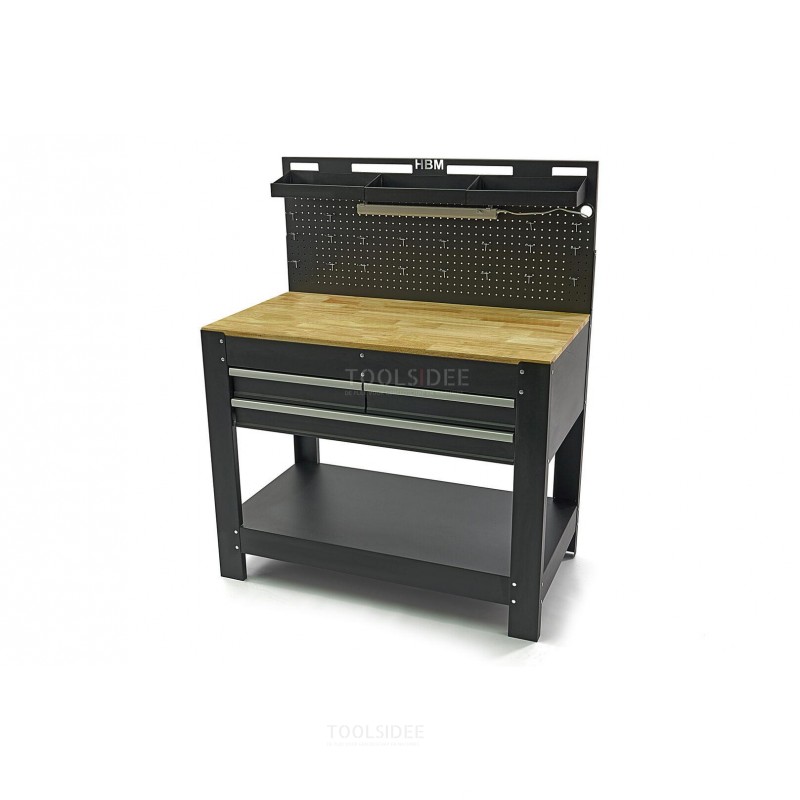 HBM Workbench with 3 drawers, rear wall, LED lighting and power strip