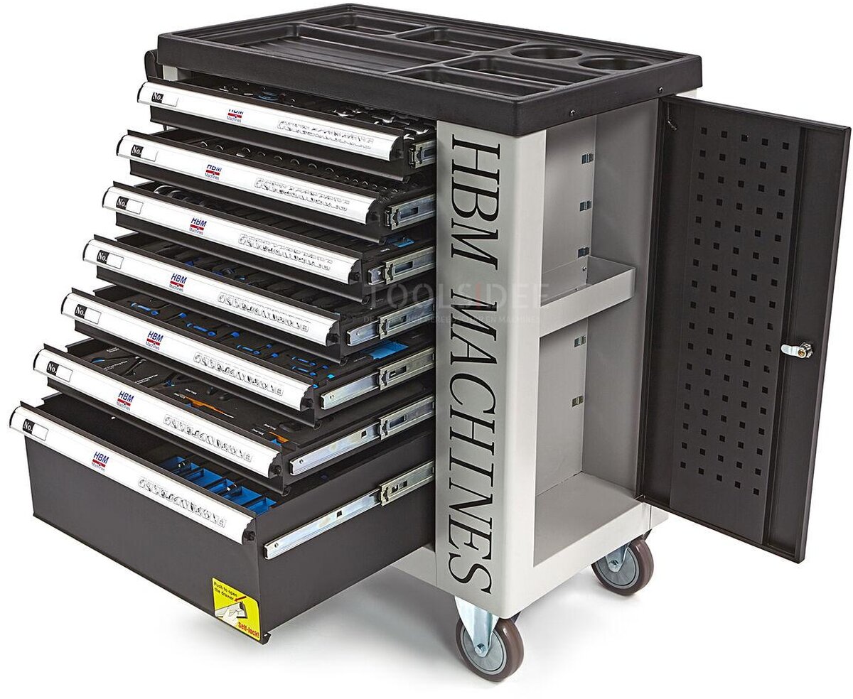HBM 262 stykke fylt verktøyvogn med 7 skuffer og dør med skuminnlegg.