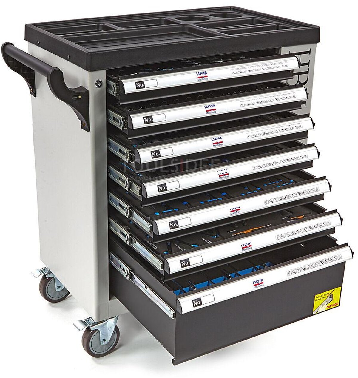 HBM 262 stykke fylt verktøyvogn med 7 skuffer og dør med skuminnlegg.