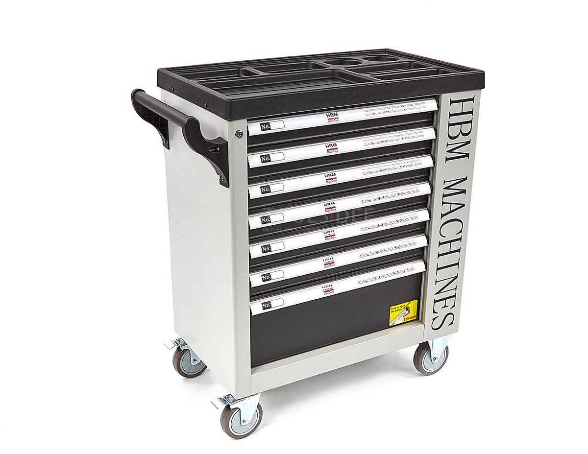 HBM 262 stykke fylt verktøyvogn med 7 skuffer og dør med skuminnlegg.