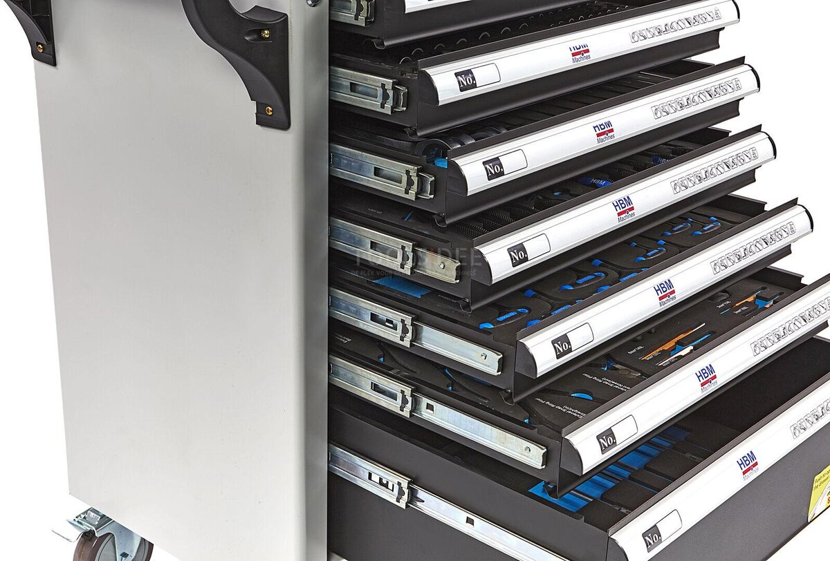 HBM 262 stykke fylt verktøyvogn med 7 skuffer og dør med skuminnlegg.