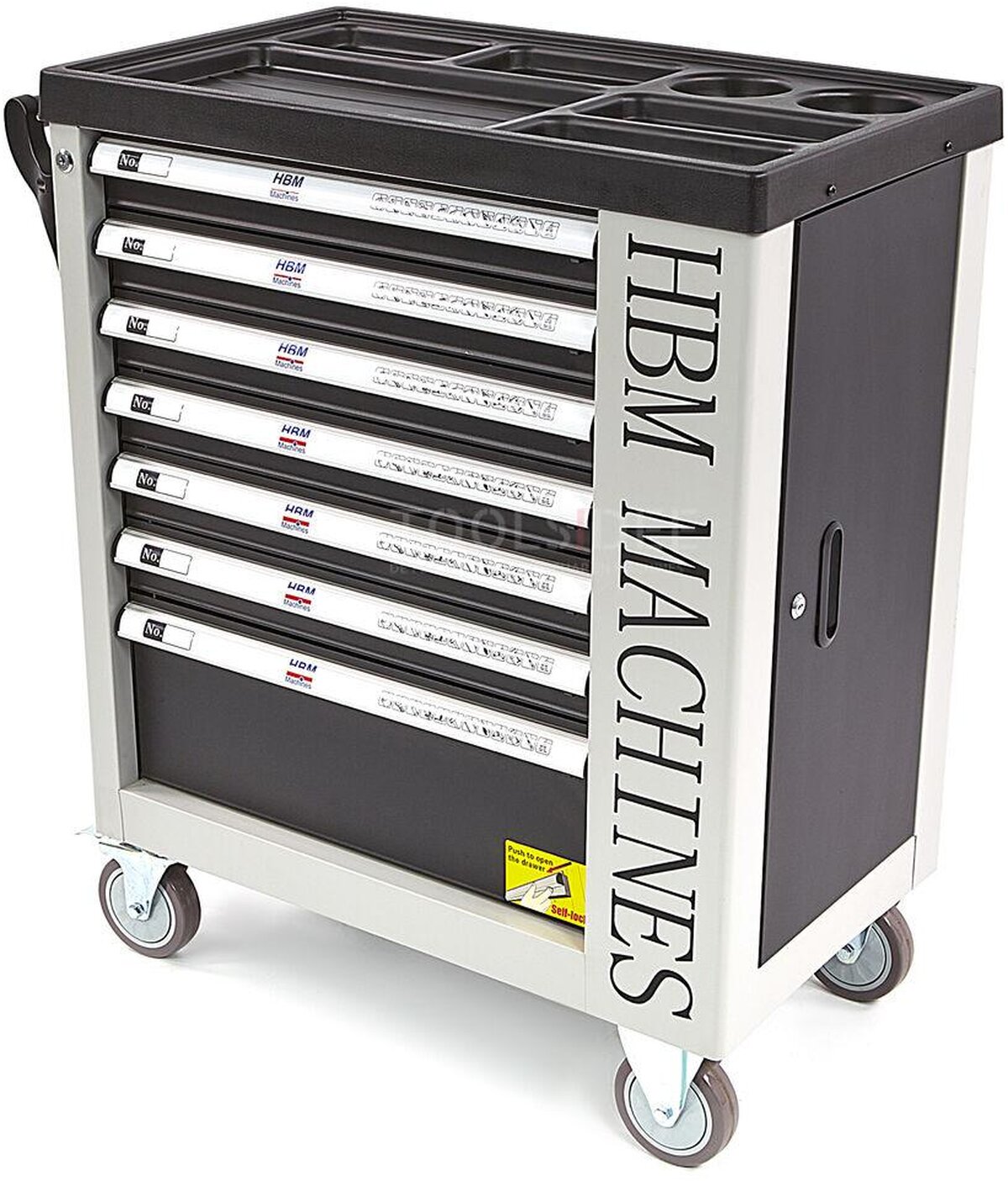 HBM 262 stykke fylt verktøyvogn med 7 skuffer og dør med skuminnlegg.
