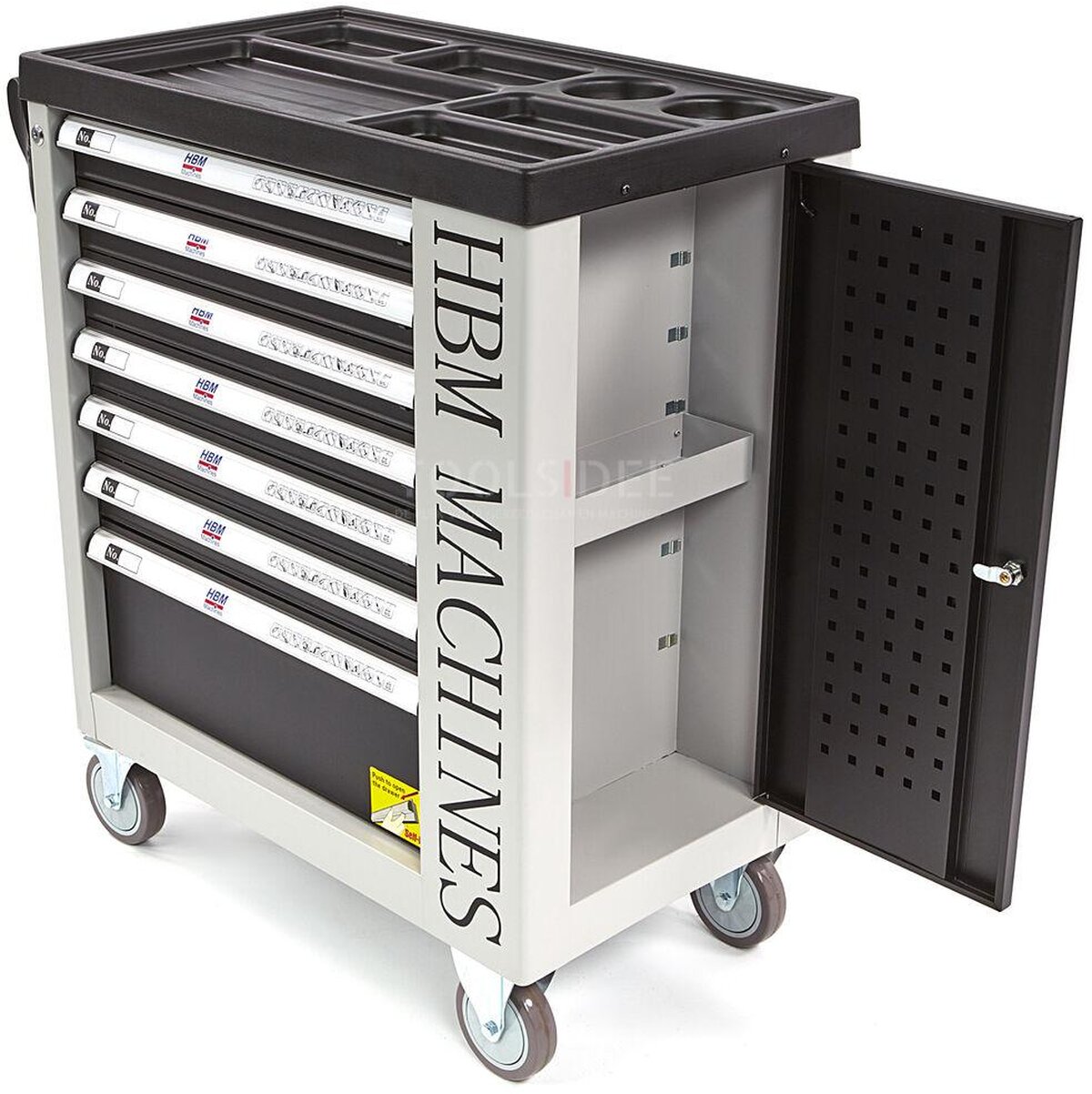 HBM 262 stykke fylt verktøyvogn med 7 skuffer og dør med skuminnlegg.