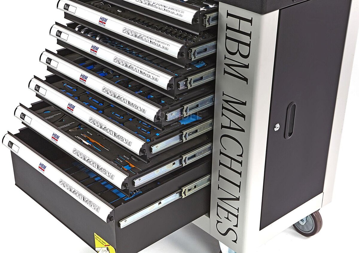 HBM 262 stykke fylt verktøyvogn med 7 skuffer og dør med skuminnlegg.