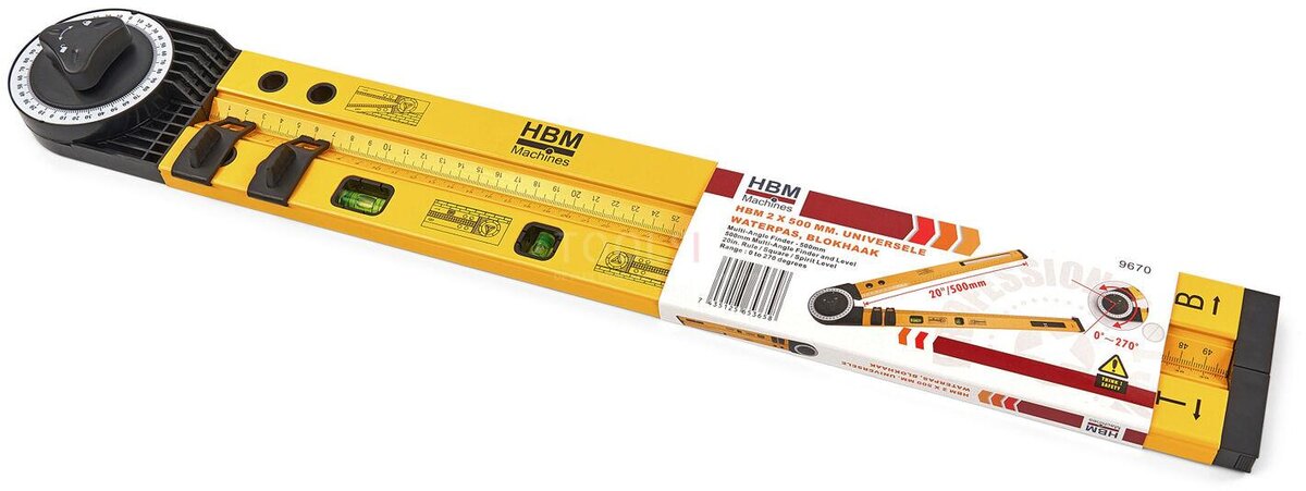 HBM 2 x 500 mm universal vattenpass, blockkrok, gungkrok, cirkeldragare. 