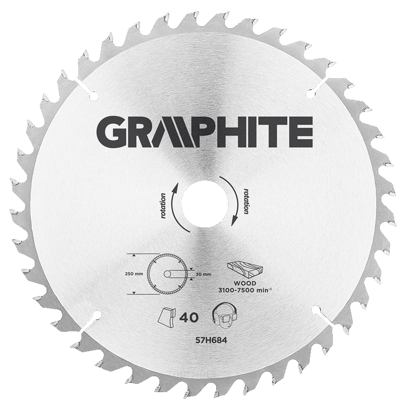 GRAPHITE cirkelsavklinge 250mm 40t blad 250mm, borhul 30mm, tænder 40, tykkelse 2.0mm, skæretykkelse 2.8mm, geometri atb, materi