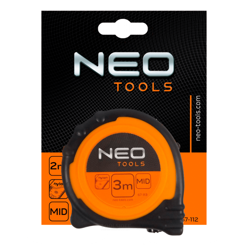 NEO målebånd 3mtr, magnetisk nylonovertrukket, 19 mm båndbredde, gummiskridsikring