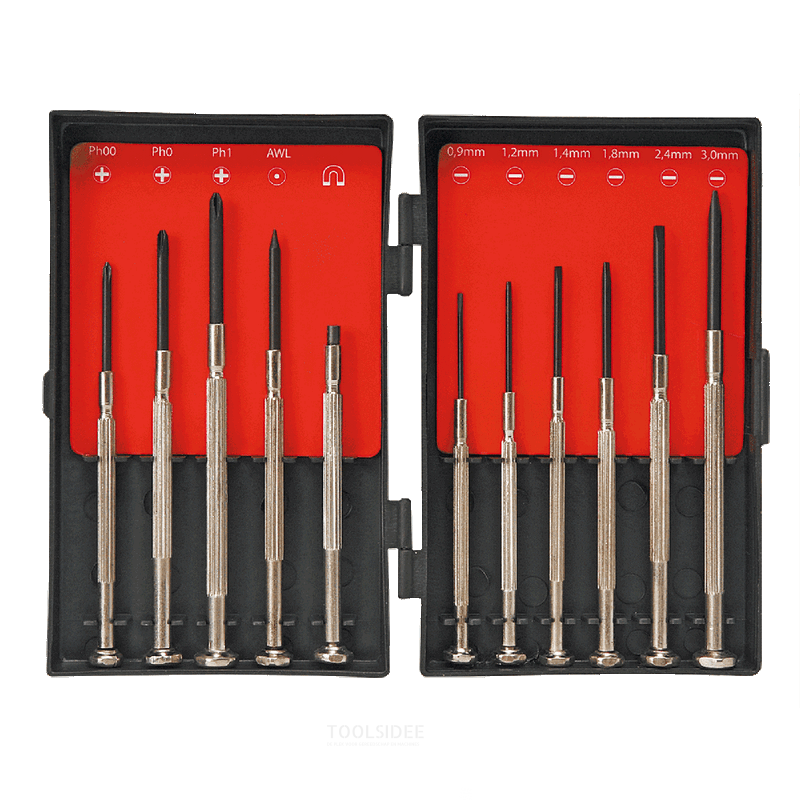 Top Tools set di precisione 11 pezzi 6x piatti, 3x philips 1x magnete pick up 1x punteruolo, in supporto di plastica