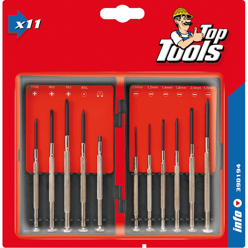 Top Tools precision set 11 pcs 6x flat, 3x philips 1x magnet pick up 1x awl, in plastic holder