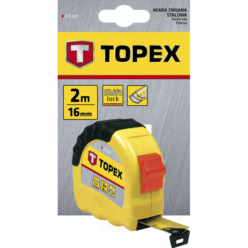 TOPEX målebånd 2 mtr shiftlock nylon belagt, 16 mm bånd