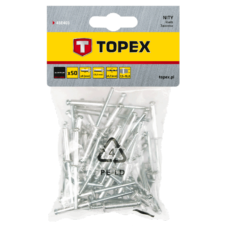 TOPEX rivets 4,0x12,5mm 50 pieces packaging, aluminum