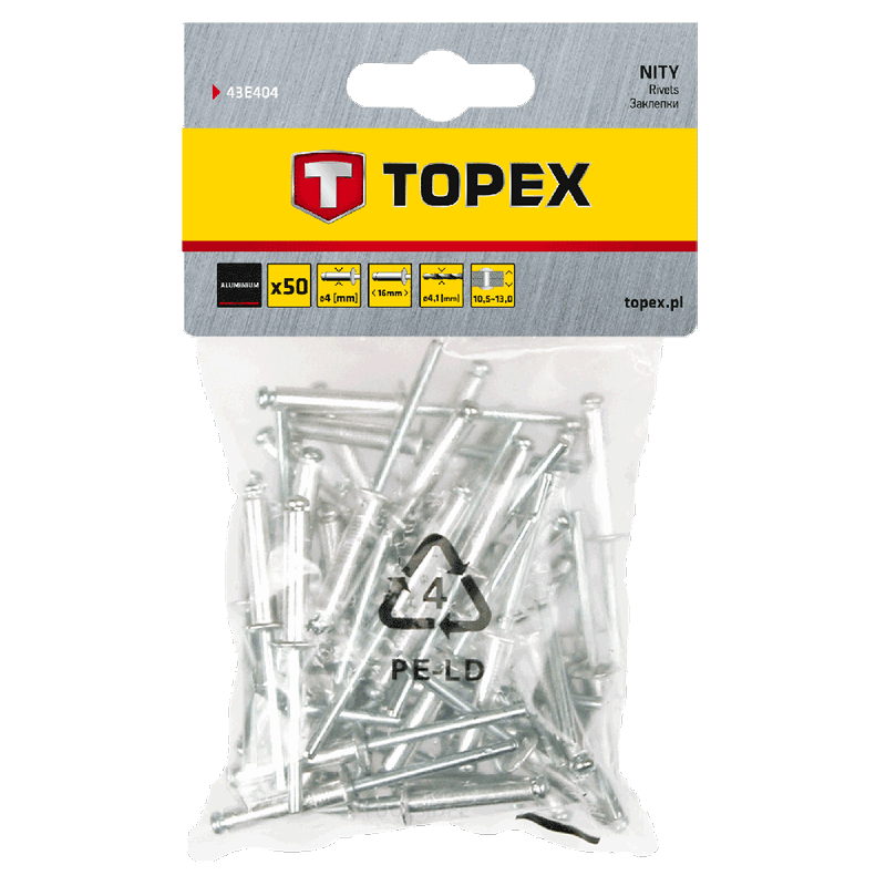 TOPEX rivets 4,0x16mm 50 pieces packaging, aluminum