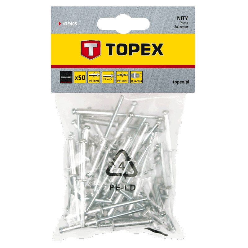 TOPEX remaches 4,0x18mm embalaje de 50 piezas, aluminio