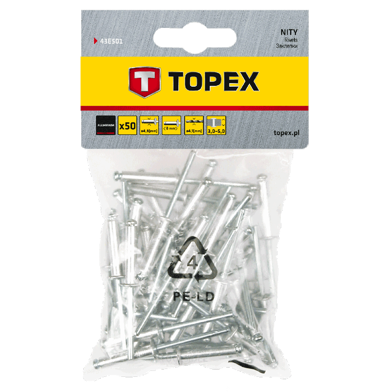 TOPEX rivets 4,8x8mm 50 pieces packaging, aluminum