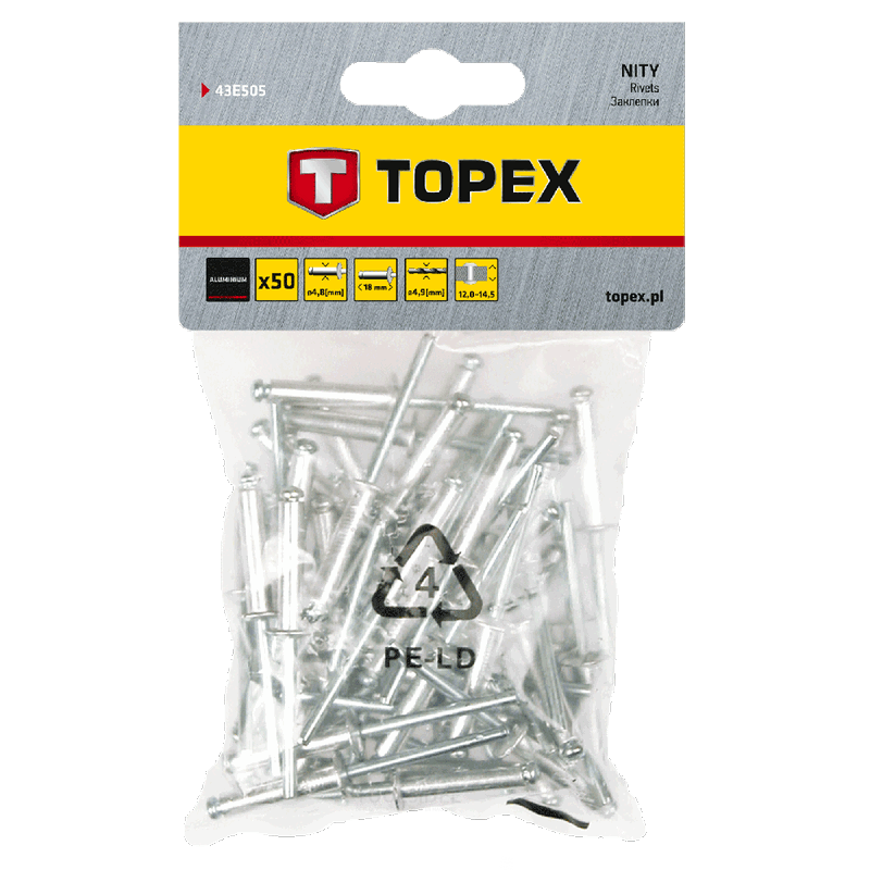 TOPEX popnitter 4,8x18mm 50 stykker emballasje, aluminium